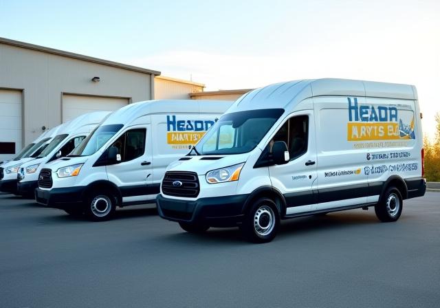 A lineup of commercial service vans ready for deployment.
