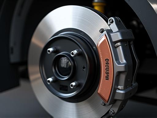 A close-up of a new brake rotor and caliper assembly.