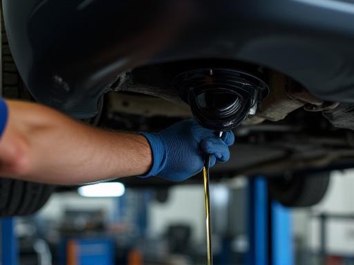 A mechanic performing an oil change on a passenger car.